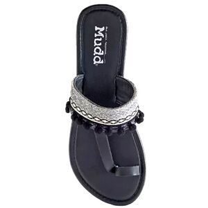 Super cute black pom pom festive sandals sz 9-10